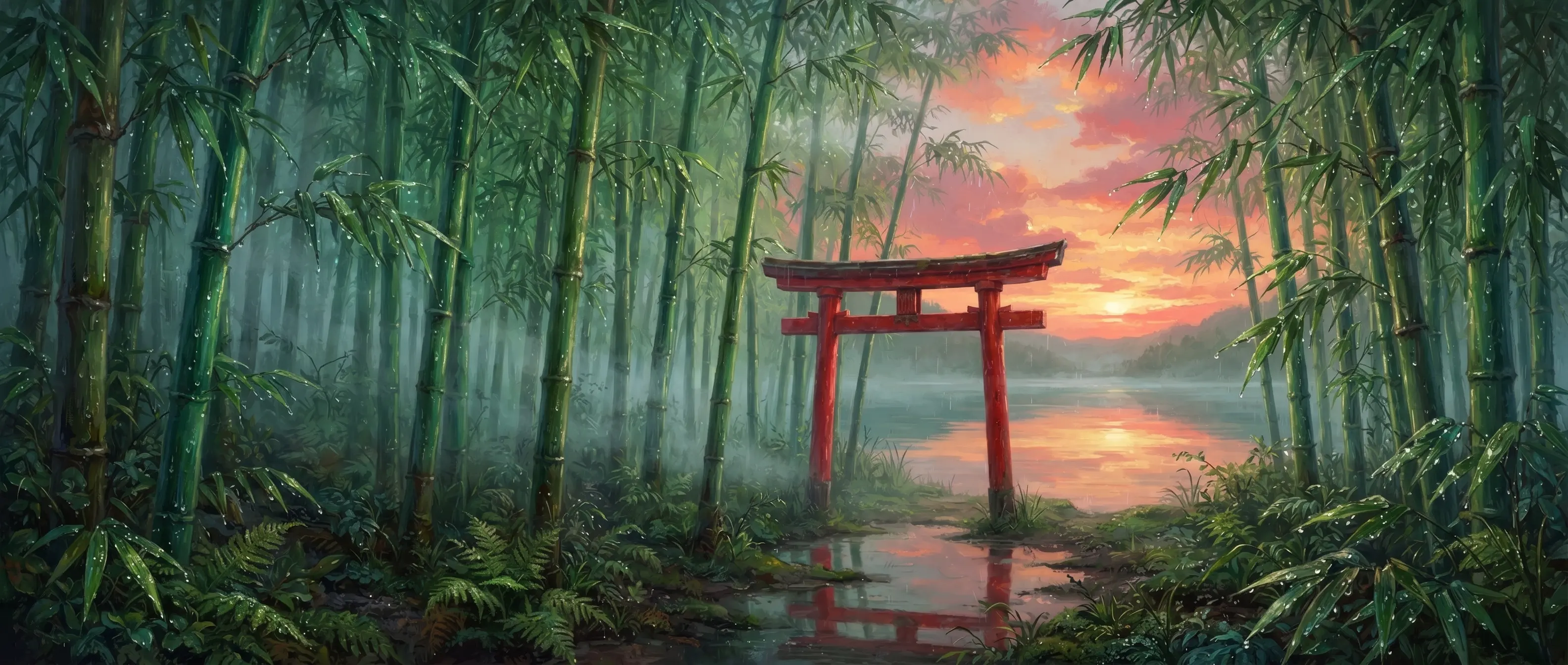 A red torii gate at the edge of a misty bamboo forest after rain, with a coral sunset reflecting on calm water behind it