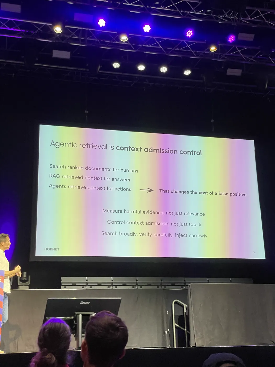 Slide from the Berlin Buzzwords talk: agentic retrieval is context admission control. Control context admission, not just top-k. Search broadly, verify carefully, inject narrowly