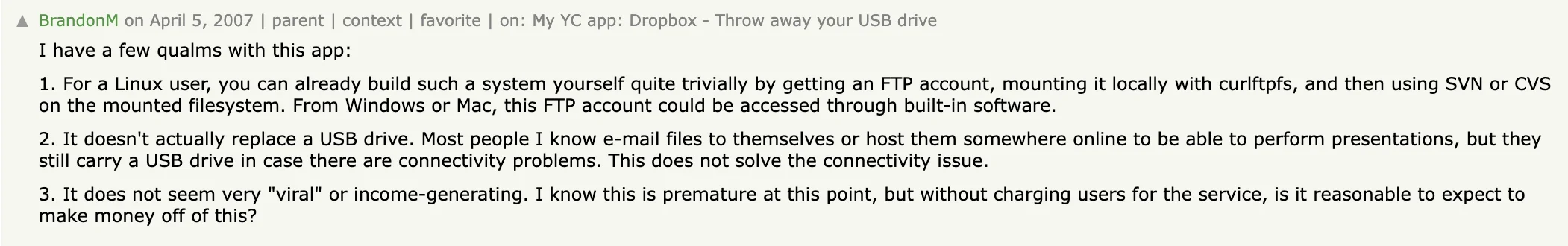 Dropbox launch comment from Hacker News showing skepticism about the product